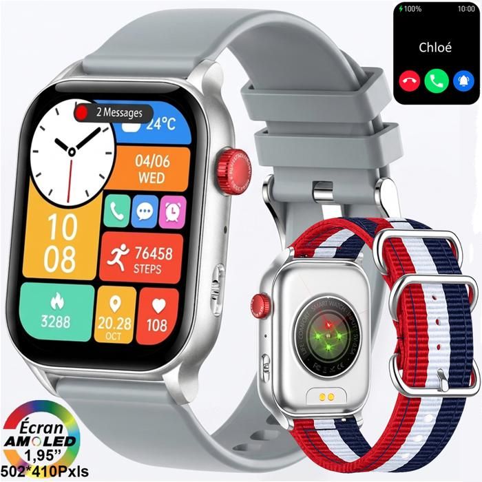 XtraDiTech Montre Connectée LED sous Lentille Longue Portée 8 M Écran Amoled Carré 195 Haute Résolution 502*410 Couronne Numérique