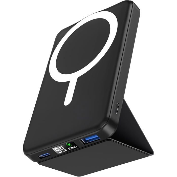 Batterie Externe Podoru Mag-Safe 10000mAh - Chargeur Sans Fil Magnétique Pliable 22.5W Avec Support LED Pour IPhone 12-16 - Noir
