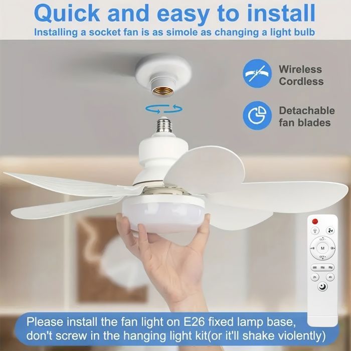 Ventilateur de Plafond Intelligent Télécommandé 52 07/41 91 cm avec Lumière LED - Base E27/E26 3 Blanc de 4 VENTILATEUR DE PLAFOND - Hanlin