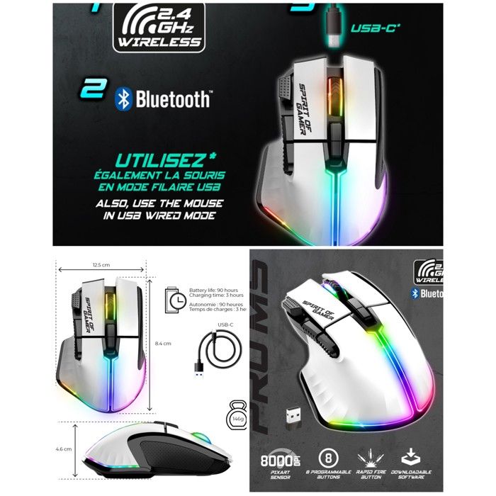 Spirit OF Gamer Souris Gamer - PRO M5 - 8000 DPI - 8 Boutons - RGB Rechargeable