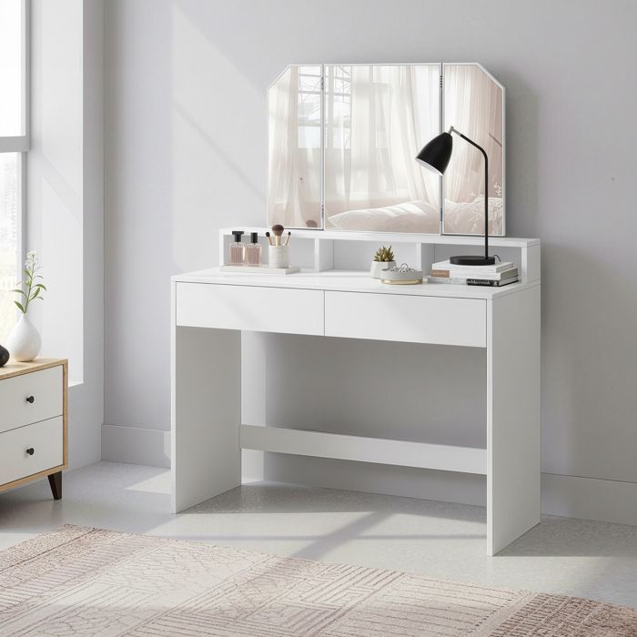 Coiffeuse - Miroir Triptyque Pliable - 2 Tiroirs - 3 Compartiments - Style Moderne - Blanc