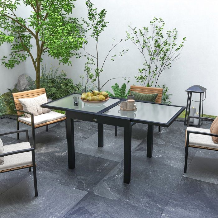 Table Extensible de Jardin Grande Taille dim. dépliées 160 x 80 x 75 cm alu métal Plateau Verre trempé transparent