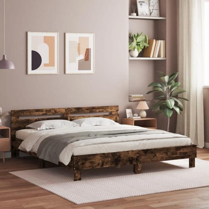 CHIC Lit adulte 2 places - 160x200 cm Structure/Cadre de lit et LED chêne fumé 160x200 cm #Sara19291