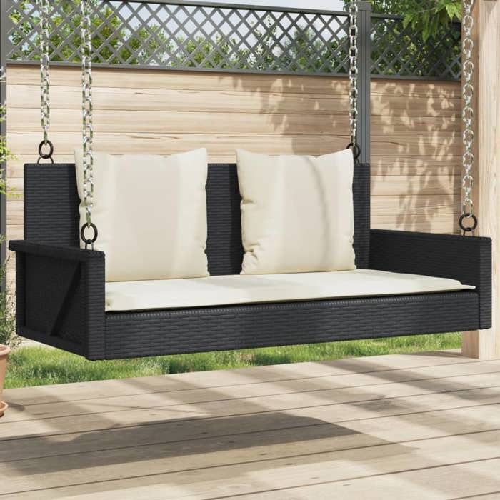 Banc à bascule en résine tressée - vidaXL - 119x56x48 cm - Noir - Coussins Blanc crème - Rotin synthétique
