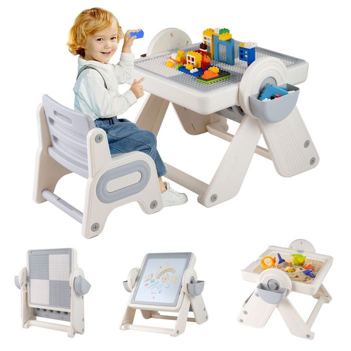 COSTWAY Ensemble Table 6-en-1 Multi-activités et Chaise pour Enfants - Plateau Réversible et Porte-stylos Paniers de Rangement Gris