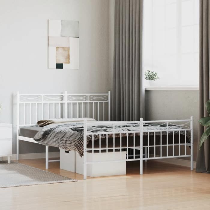 Structure de lit métal - UU - 140x190 cm - Blanc - Acier - Espace de rangement - Tête de lit - Pied de lit