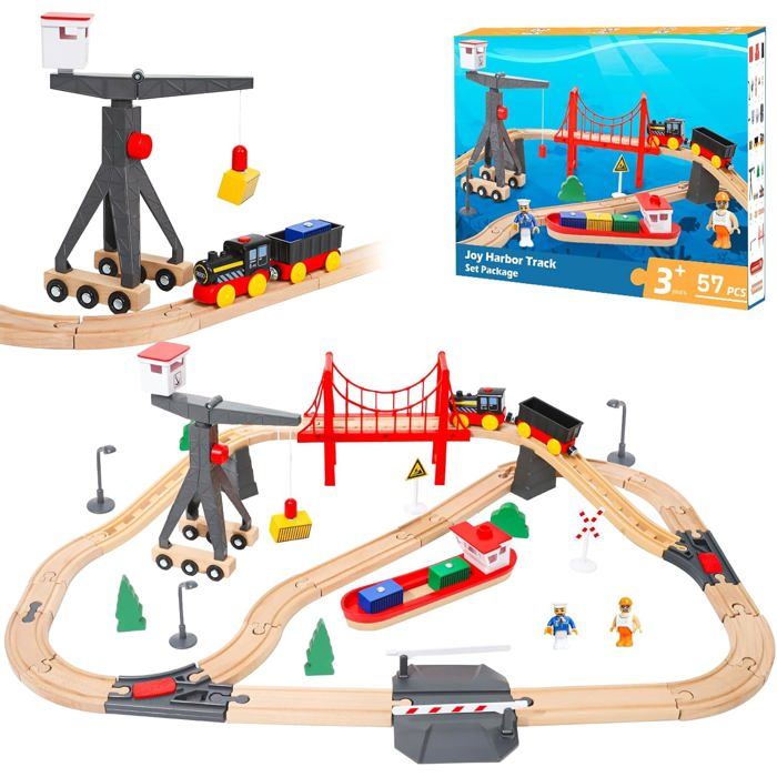 Train électrique Enfant Tomedeks – Locomotive Et Wagon, Compatible Voies Bois (Thomas, Brio), Sons Et Lumières, Thème Pompier