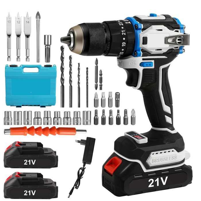 Perceuse visseuse sans fil 21 V - Perceuse à percussion - 2 batteries 1300mAh - 31 Accessoires - 25+1 modes - 2 vitesses