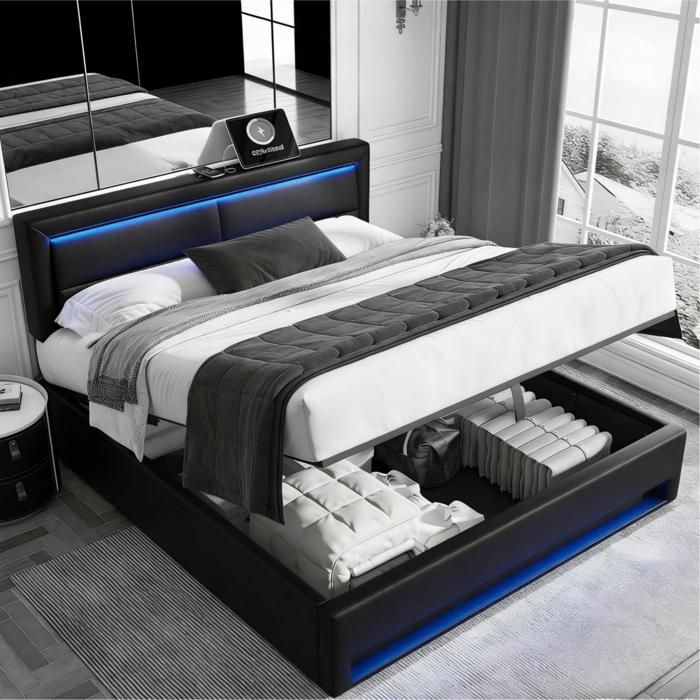 HOMVRA Lit Adulte 140x190 cm Lit Coffre Lit Double avec USB et LED Sommier à Lattes PU Noir (Sans Matelas)