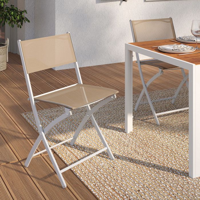 Lot de 6 chaises de jardin pliantes BASTIA métal et textilène blanc et beige taupe Lot de 6 chaises de jardin pliantes BASTIA métal et textilène blanc et beige taupe