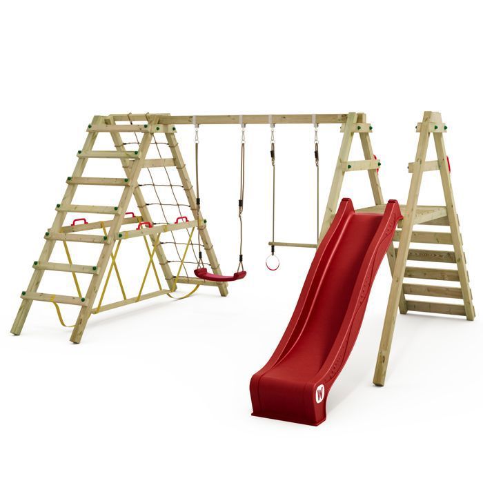 Balançoire double bois WICKEY Smart Shake avec toboggan 220 cm rouge et module d’escalade – 10 ans de garantie*