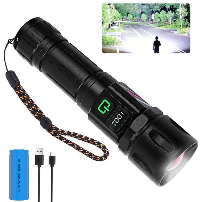 Lampe Torche LED Rechargeable à Laser Blanc 5 Modes Zoomable Affichage Numérique Puissante et Longue Portée pour Extérieures