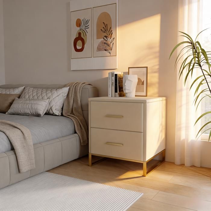 Table de chevet 2 pièces avec 2 tiroirs velours beige et structure métal doré meuble de rangement compact pour chambre