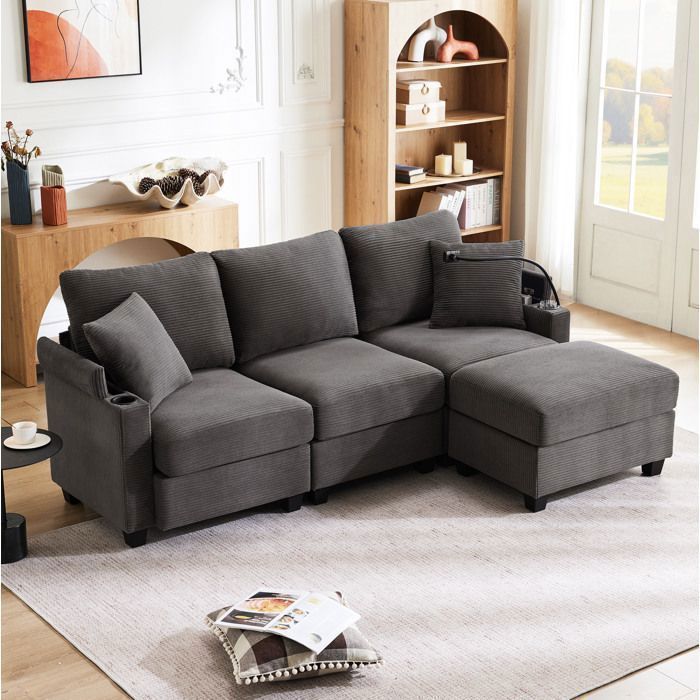 Canapé d’angle convertible 3-4 places gris foncé 213 5 x 139 x 87 cm USB ottoman modulable