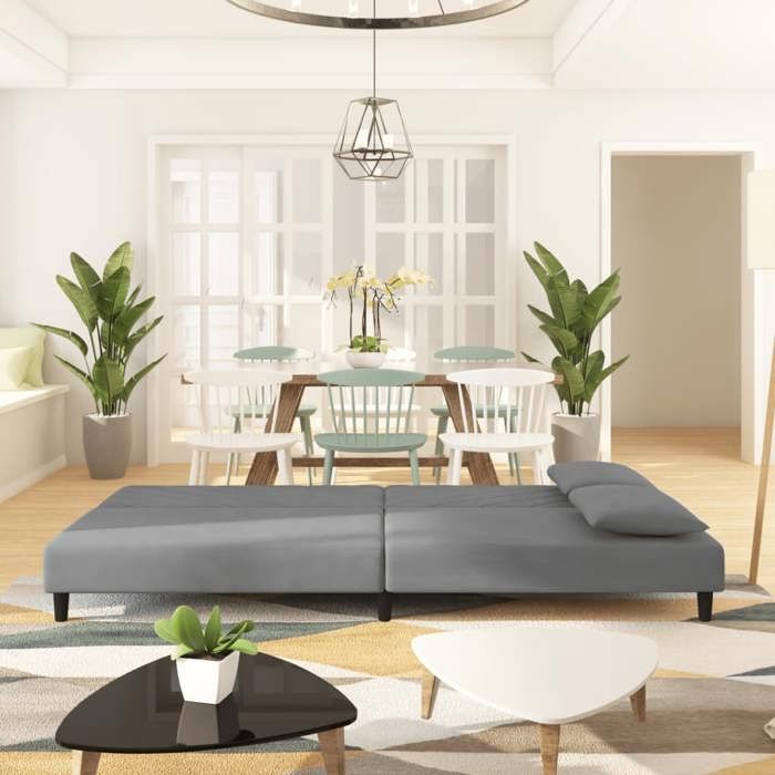 Antitaches Canapé-lit 2 places Scandinave - LEMONTREE - pour salon - Sofa réversible - avec deux oreillers Gris clair Velours Size g