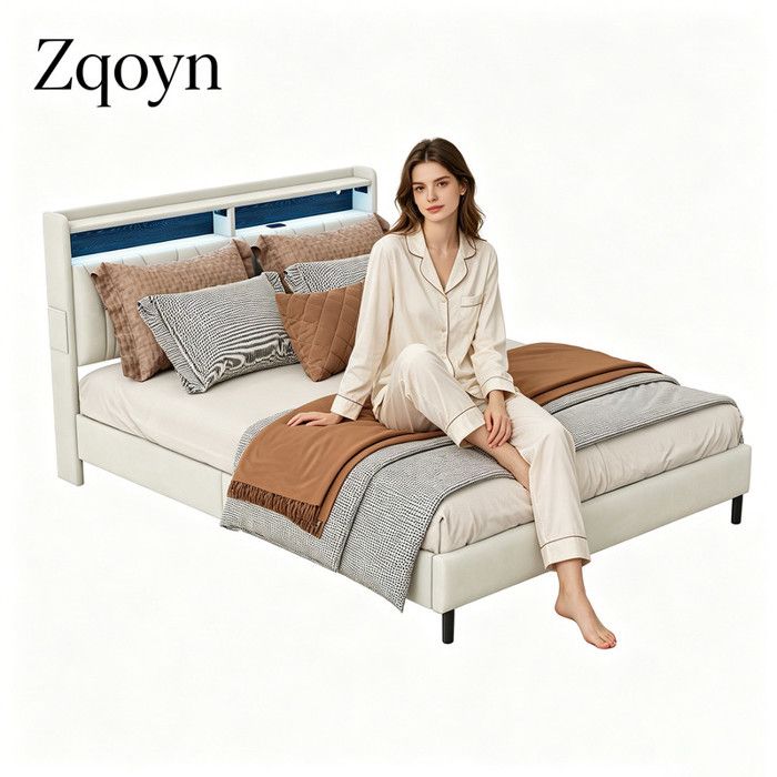 Lit double 160x200cm Lit Coffre rembourré avec LED et station de charge avec sommier à lattes Zqoyn