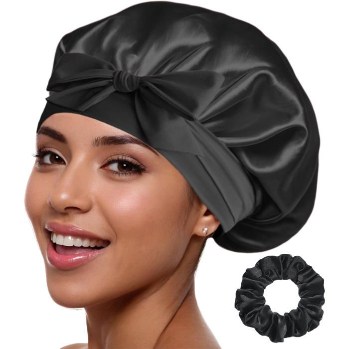 Bonnet de nuit en soie pour femme 100 % soie de mûrier véritable doux et facile à utiliser respirant et ajustable pour un soin