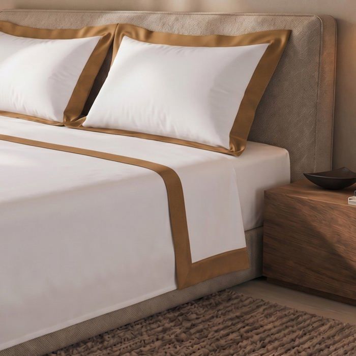 Parure de lit 1 personne - THE WHITE STONE - Satin Beige - 100% coton - Drap‑housse 90x200 h28 - Volant satin beige