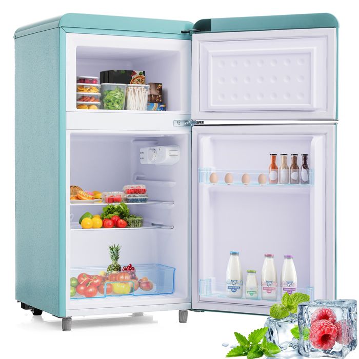 Réfrigérateur rétro 72L – Design vintage 2 portes petit congélateur 21L classe E LED bleu