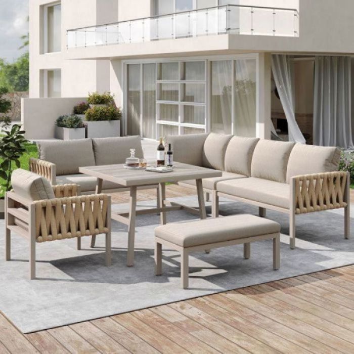Ensemble table de jardin extérieur Salon dangle 6 places en corde et fer galvanisé pieds réglables table en verre trempé ensemb