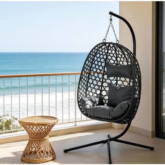 Fauteuil suspendu avec support – PE rotin – réglable en hauteur – gris foncé