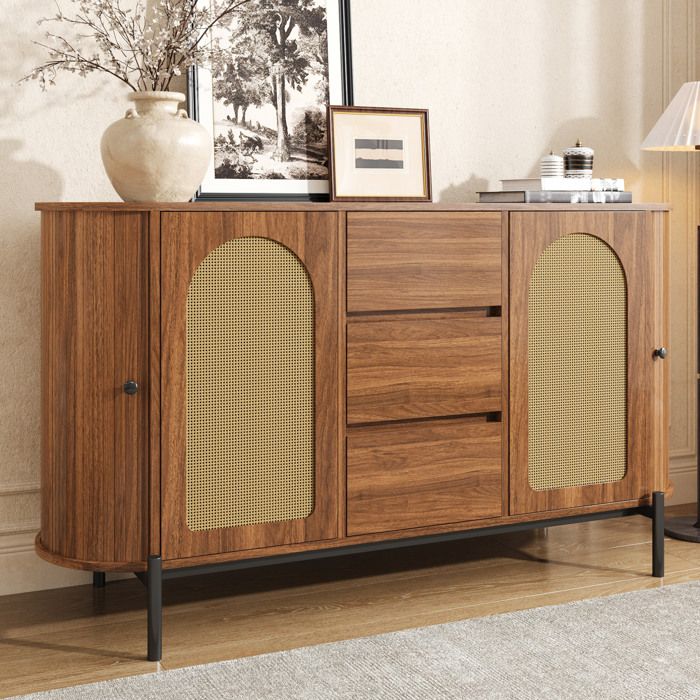 HOMVRA buffet ovale 140 x 38 x 77 5 cm en MDF aspect noyer rotin 3 tiroirs étagères réglables