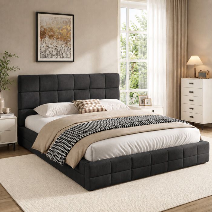 Lit Plateforme Rembourré 180x200 cm Lit Double avec Tête de Lit Confortable MDF et Velours Noir