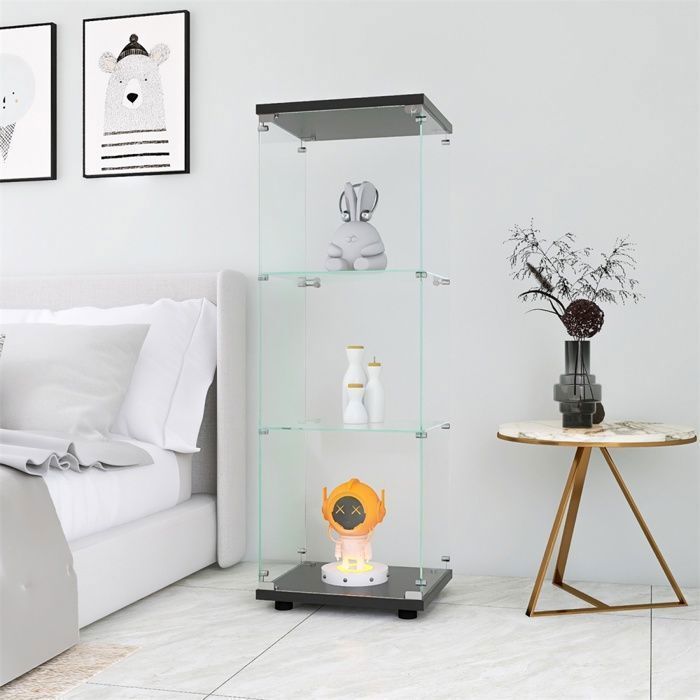 Vitrine dexposition noire en verre trempé - 1 porte 3 étagères - Meuble de collection colonne pour salon et bureau