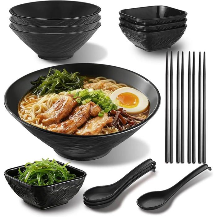 Set de 16 pièces bols ramen 1200 ml x4 avec baguettes cuillères et bols à sauce plastique alimentaire incassable finition noir mat
