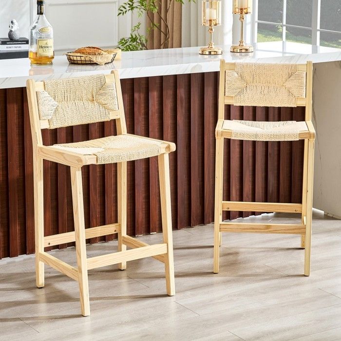 Lot De 2 Tabourets De Bar Bois 44x42x89cm Bois Massif Osier Tressé Main Style Champêtre Adapté Pour Îlot De Cuisine Sans table