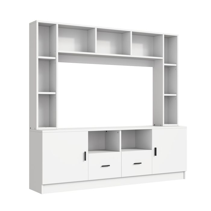 Ensemble meuble TV mural 180*35*170 cm comprend 2 armoires 2 tiroirs et 11 compartiments de rangement blanc Ensemble meuble TV mural 180*35*170 cm comprend 2 armoires 2 tiroirs et 11 compartiments de rangement blanc