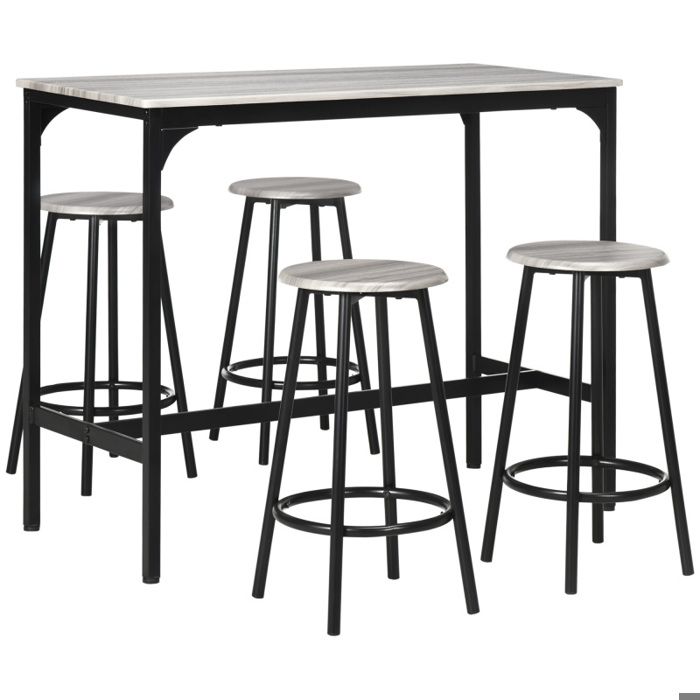 Ensemble Table de Bar avec 4 Tabourets de Bar Style Industriel Table Haute Cuisine Métal Gris