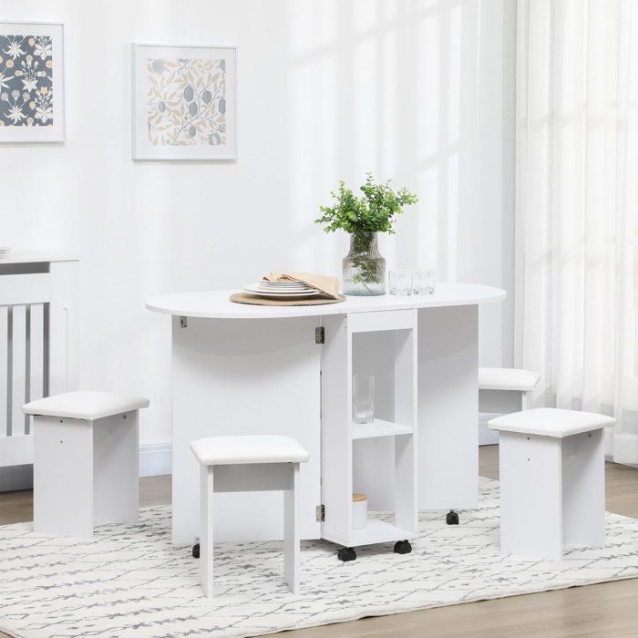 Set cuisine 5 pièces table pliante avec 2 étagères et 4 tabourets en bois aggloméré blanc