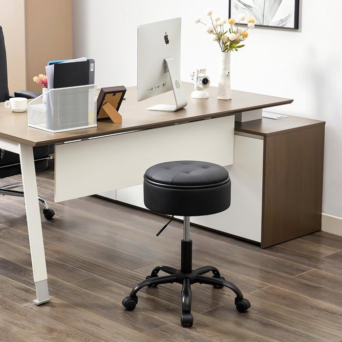 Chaise De Dessin Avec Rangement Tabouret De Dessin Réglable En Cuir 52 5–62 5 Cm Chaise De Bureau Roulante Noire