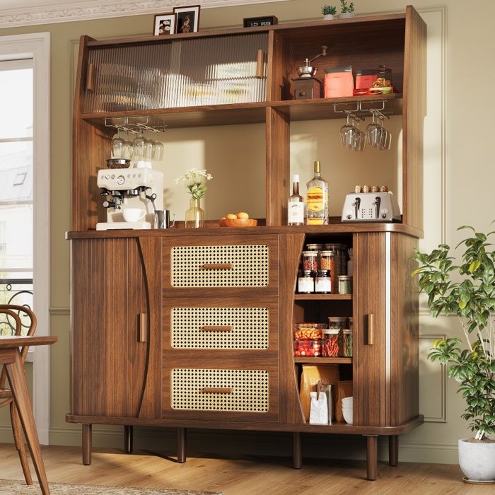 Meuble Buffet haut salle à manger bois de noix-Meuble vaisselier cuisine Style Scandinave-Armoire vitrine140×405×1745 cm