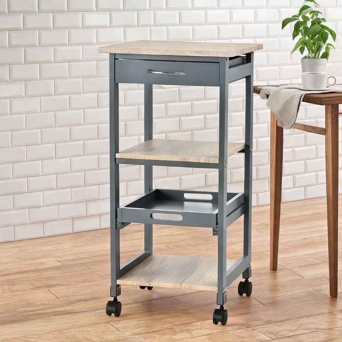 Desserte de cuisine à roulettes 2 étagères tiroir et plateau amovible bois gris chêne clair