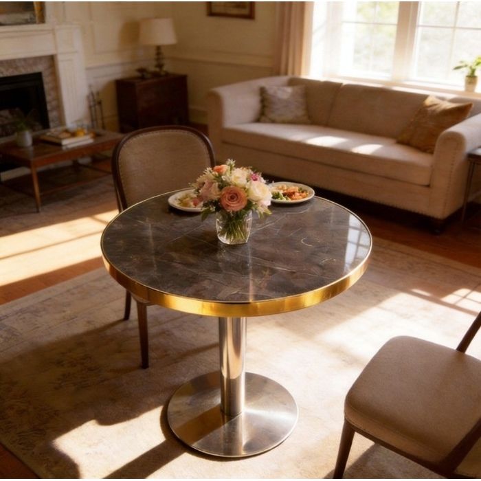 Table basse ronde effet marbre avec pied central en MDF et inox doré style contemporain salon gris 60×60×73 7 cm