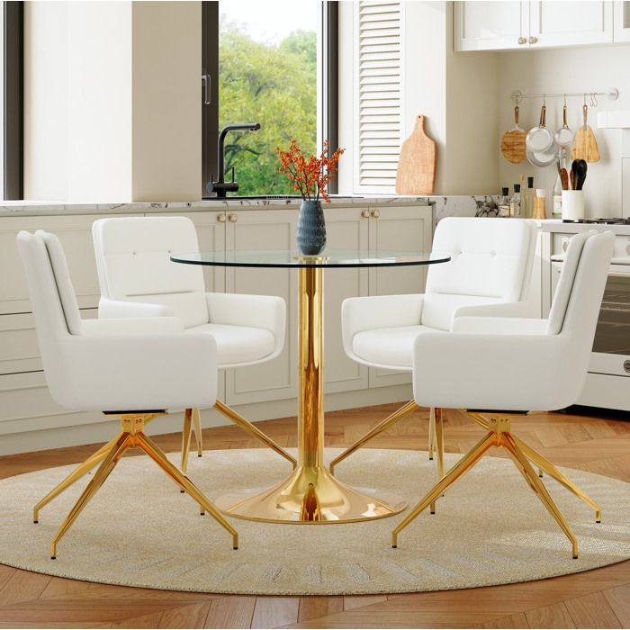 Ensemble Table et Chaises de Salle à Manger avec 1 Table Ronde et 4 Chaises Pivotantes Verre Trempé et PU Blanc et Doré