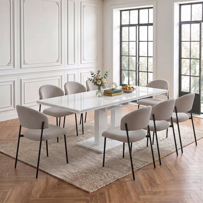 JIEXI Lot 9 pièces : table extensible blanc brillant avec 8 chaises velours côtelé gris ensemble moderne salle à manger