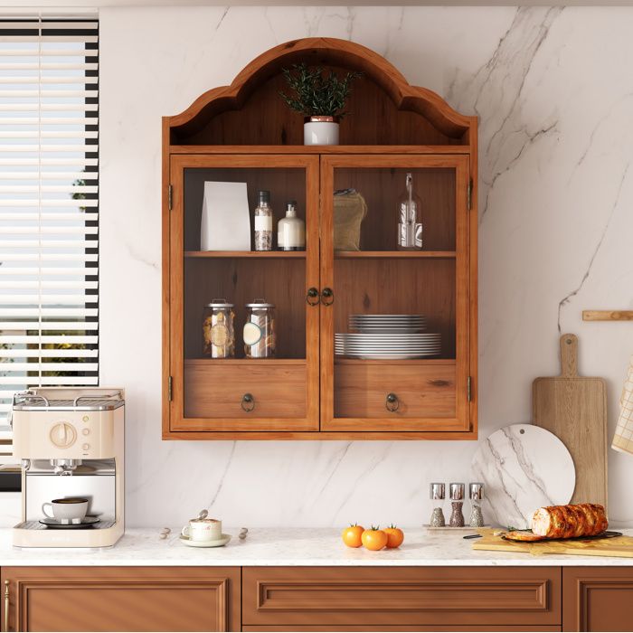 Armoire murale rétro avec 2 portes vitrées et 2 tiroirs - BEAUNIV - étagères réglables en bois verre trempé marron 60 × 22 × 76 5 cm
