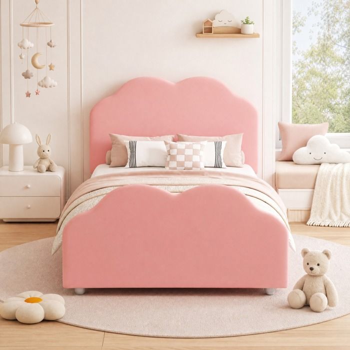 Lit enfant 90x200 cm rose design nuage avec barrière de sécurité tête de lit réglable et sommier à lattes VEVXYN