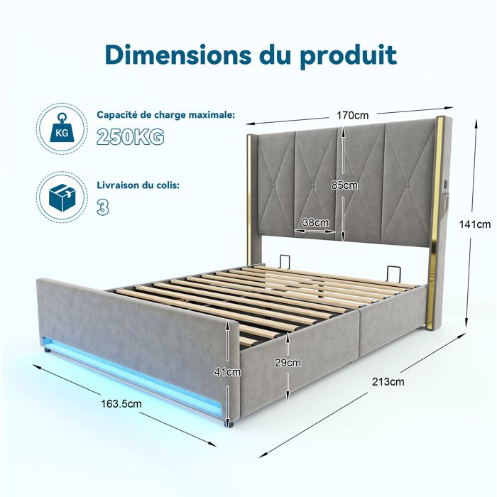 Lit coffre 160x200 cm avec tête de lit haute capitonnée USB Type-C LED velours gris VEVXYN
