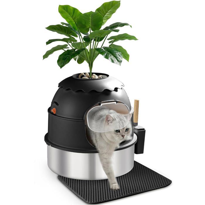 Bac À Litière Pour Chat Litière Plante En Acier Inoxydable Avec Décoration De Plante Enceinte Avec Porte Claire Inclut Pe[BI33]