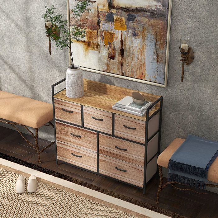 Commode 7 tiroirs meuble de rangement tiroir en tissu pliant - structure acier noir - 98 x 29 x 85 cm