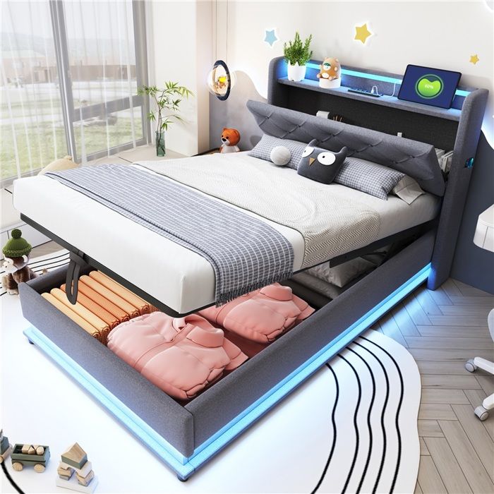 Lit simple 90x200 lin gris avec tête rangement USB Type-C LED et coffre hydraulique avec matelas
