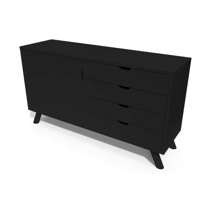 buffet bas scandinave viking bois - abc meubles - noir - 2 portes et tiroirs - 135x74x40 cm