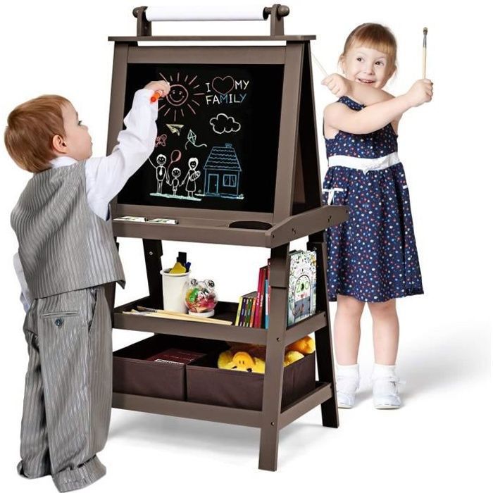 GOPLUS Tableau Enfant Noir/Blanc Magnétique 59x50x117CM Chevalet Double Face avec Rouleau de Papier et Boîtes de Rangement Marron