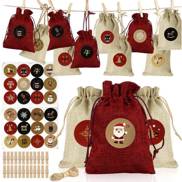 Achat 24 sachets en tissu pour calendrier de l'avent à remplir - avec