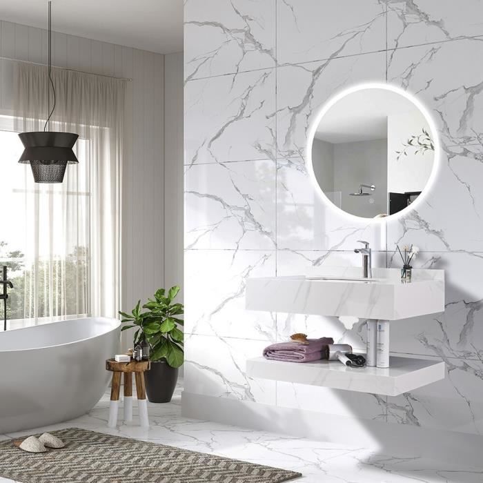 LuxuryBain - Meuble de salle de bain simple vasque 100cm effet marbre blanc avec miroir led