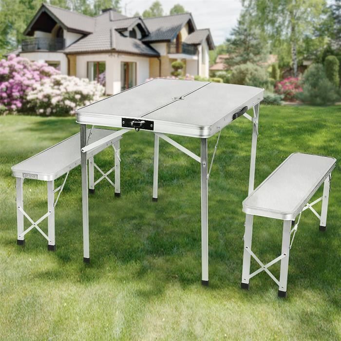 Ensemble Table bancs 3 pièces (Table Pliante de Camping Valise 90 cm x 60cm  x 70 cm cm + 2 Bancs en Aluminium Blanc)